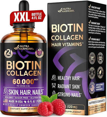 Liquid Biotin & Collagen - Vitamins for Hair Growth Support for Women & Men - Extra Strength 60000 mcg Drops - B7 Suppleme...