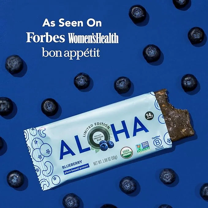ALOHA Organic Plant Based Protein Bars - Blueberry Bars, Vegan, Low Sugar, Gluten-Free, Low Carb, Non-GMO, No Stevia, No E...