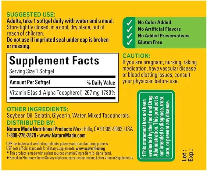 Nature Made Plant Sourced Vitamin E 267 mg (400 IU) 100 Count 3)