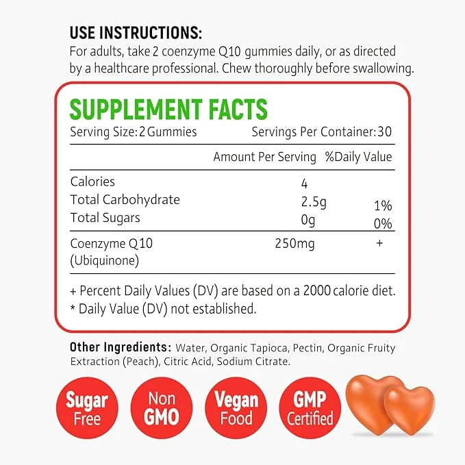 Sugar Free CoQ10 Gummies 250mg, 5X Q10 for 60 Peach