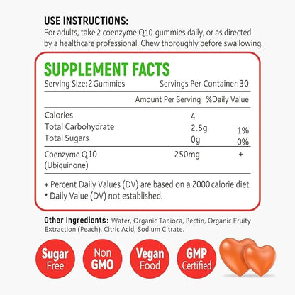 Sugar Free CoQ10 Gummies 250mg, 5X Q10 for 60 Peach