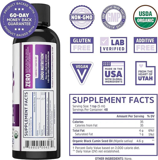 Zhou Organic Black Seed Oil | 100% Virgin Cold Pressed Omega 3 6 9 | Super Antioxidant for Immune Support, Joints, Digesti...
