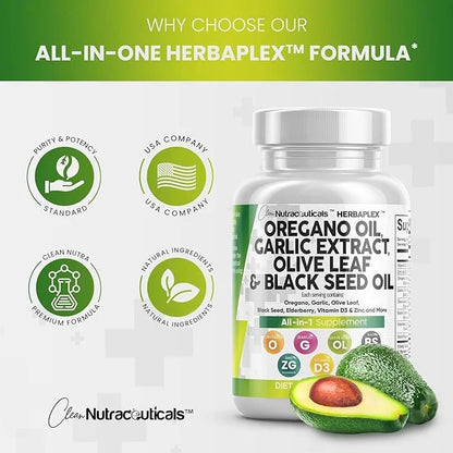Clean Nutraceuticals Oregano Oil Garlic Extract Olive Leaf Black Seed Oil - Immune Support & Digestive Health Supplement f...