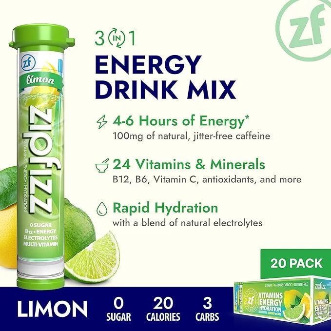 Zipfizz Daily Energy Drink Powder, Limon, 20 Pack | 3-in-1 Sustained Energy, Rapid Hydration, and Essential Vitamins | Sug...