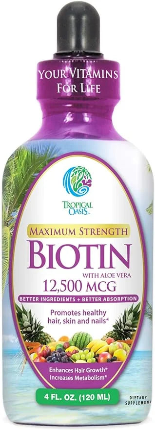 Maximum Strength Liquid Biotin Drops w/ 12,500 MCG -5X More 4oz, 30 30 Serv