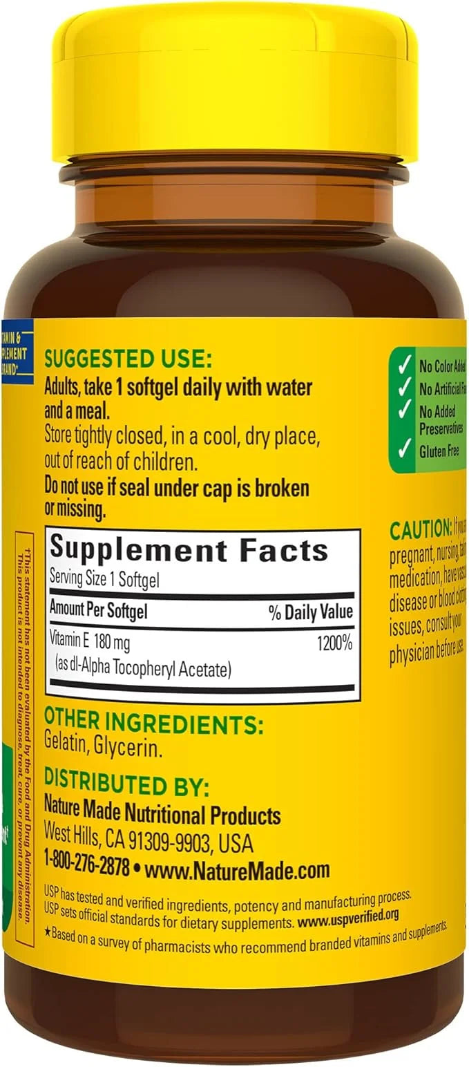 Nature Made Vitamin E 180 mg (400 IU) 100 Softgels, 100 Day