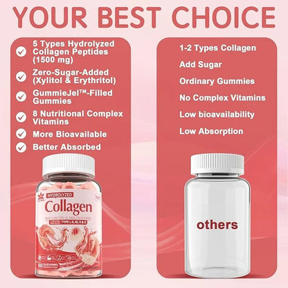 Sugar-Free Hydrolyzed Collagen Peptide Filled Gummies,Extra 1500mg Protein 5000mcg Biotin D3 B6 B6 B12 B12 for