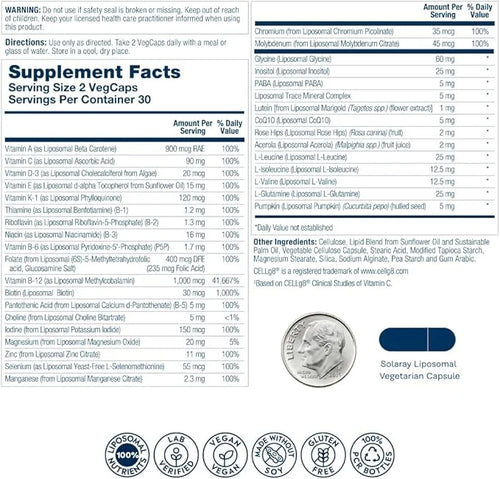 SOLARAY Liposomal Multivitamin for Men, Enhanced D3, C, B12, Zinc, 30 Servings, 60 VegCaps