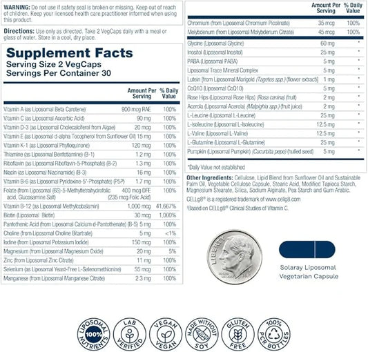 SOLARAY Liposomal Multivitamin for Men, Enhanced D3, C, B12, Zinc, 30 Servings, 60 VegCaps
