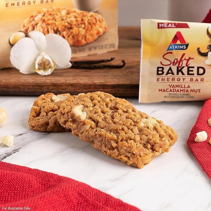 Atkins Soft Baked Energy Bars, Vanilla Macadamia Nut, 15g Protein, 1g Sugar, Excellent Source of Fiber, Low Carb, 4 Packs ...