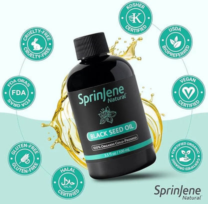SprinJene Natural® 100% Pure Organic Black Seed Oil Cold Pressed for Oral Wellness, Nigella Sativa Black Seed Oil, Black C...