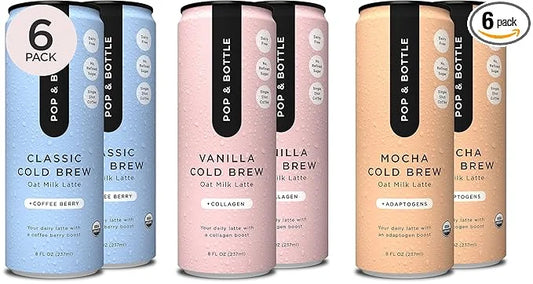 Pop & Bottle, Oat Milk Lattes - Cold Brew, Maca, Antioxidants, Ashwagandha, MCT Oil, Collagen, Organic, Diary Free, Gluten...
