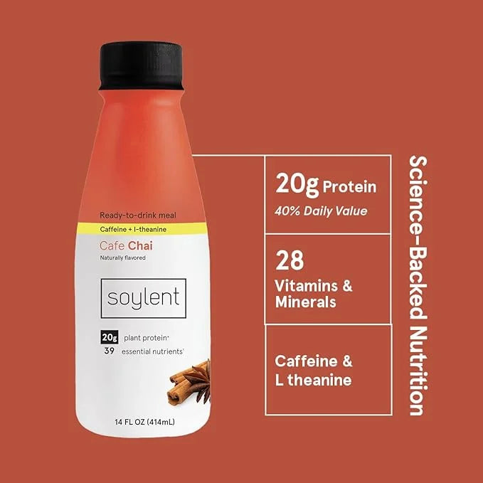 Soylent Complete Nutrition Gluten-Free Vegan Protein Meal Replacement Shake, Cafe Chai, 14 Oz, 12 Pack - Product Image