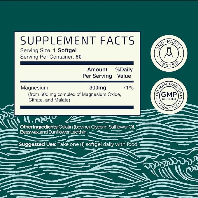 Triple Magnesium Softgels | Citrate, Malate, & Oxide | Highly Absorbable Magnesium Supplement for Digestion, Calm, Leg Cra...