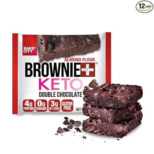 Bake City Brownie+ Keto | 1.2oz Brownie (12 pack), Gluten Free, 0g Sugar, Only 3g Net Carbs, Good Fats, 4g Protein, Kosher...