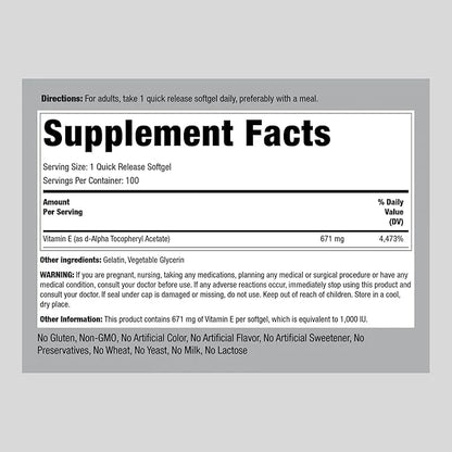 Piping Rock Vitamin E 1000 IU 671mg | 100 Softgel
