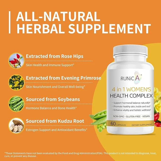 4-in-1 Women's Health Complex, Supports Hormone Balance, Skin Health & Vitality - with Rosehip, Evening Primrose, Soy Isof...