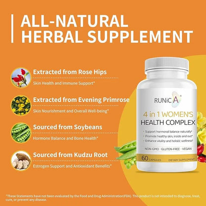4-in-1 Women's Health Complex, Supports Hormone Balance, Skin Health & Vitality - with Rosehip, Evening Primrose, Soy Isof...