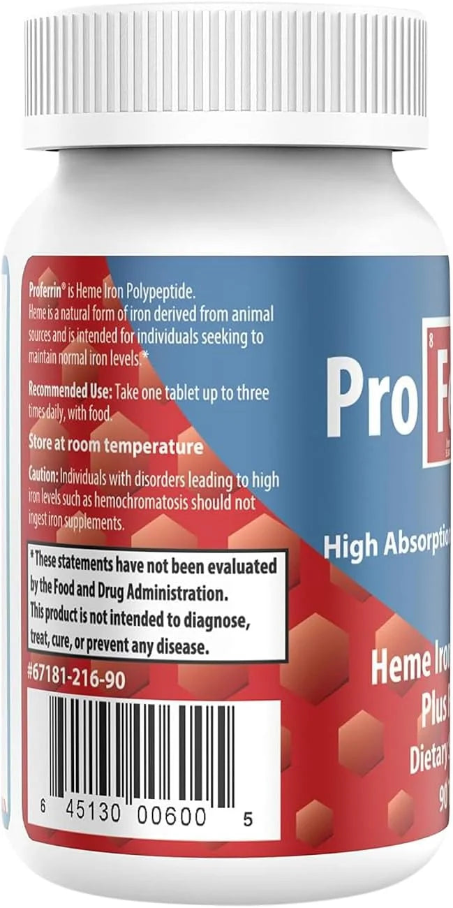 Proferrin Forte-12mg of high Absorbing Heme Iron Polypeptide. Easy on The Gut. 90 Tablets. 1mg of Folic Acid to aid in red...