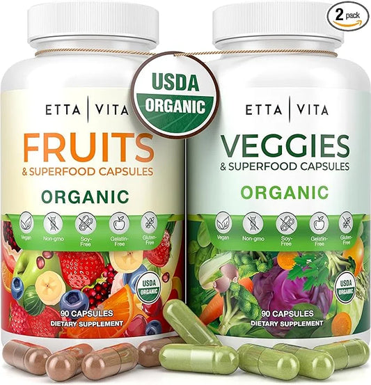 100% Organic Fruits and Veggies Supplement (USDA Organic - Made in USA) 180 Potent Fruits and Vegetable Capsules for Energ...
