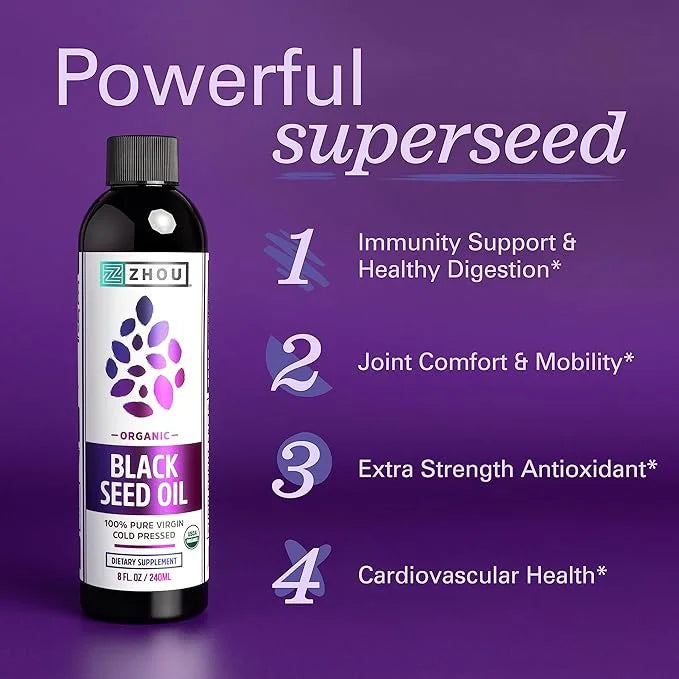 Zhou Organic Black Seed Oil | 100% Virgin Cold Pressed Omega 3 6 9 | Super Antioxidant for Immune Support, Joints, Digesti...
