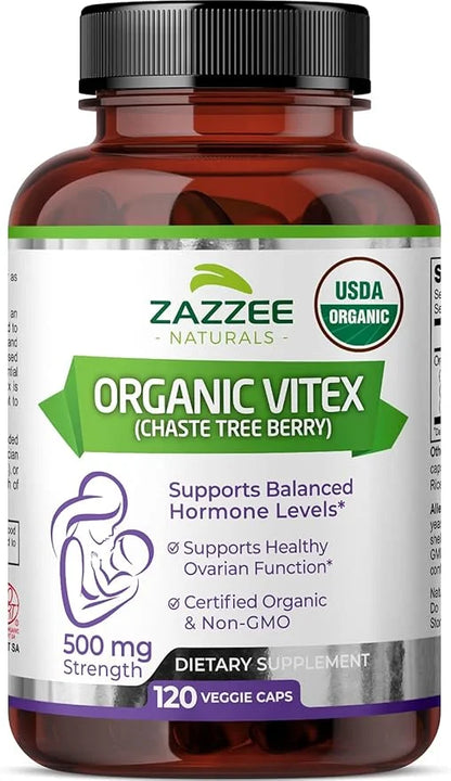 Zazzee USDA Organic Vitex, 500 mg Strength, 120 Vegan Capsules, 4 Month Supply, Standardized and Concentrated 4X Extract, ...