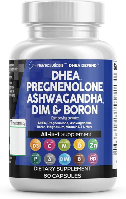 DHEA 200mg Supplement Pregnenolone 100mg for Men & Women with DIM Ashwagandha Boron 6mg Complex Calcium Magnesium Zinc 50m...