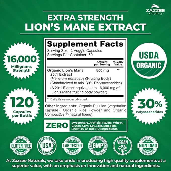 Zazzee USDA Organic Lion's Mane 20:1 16,000 mg 30% Polysaccharides, 120 Vegan 60 Day 20X Extract,