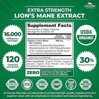 Zazzee USDA Organic Lion's Mane 20:1 16,000 mg 30% Polysaccharides, 120 Vegan 60 Day 20X Extract,