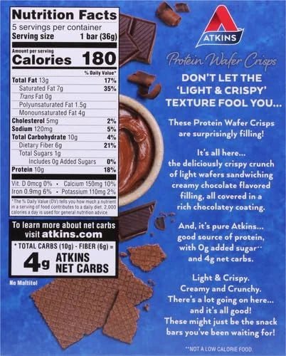 Atkins Chocolate Crème Protein Wafer Crisps, Protein Dessert, 4g Net Carb, 1g Sugar, High in Fiber, Keto Friendly, 5 Count...
