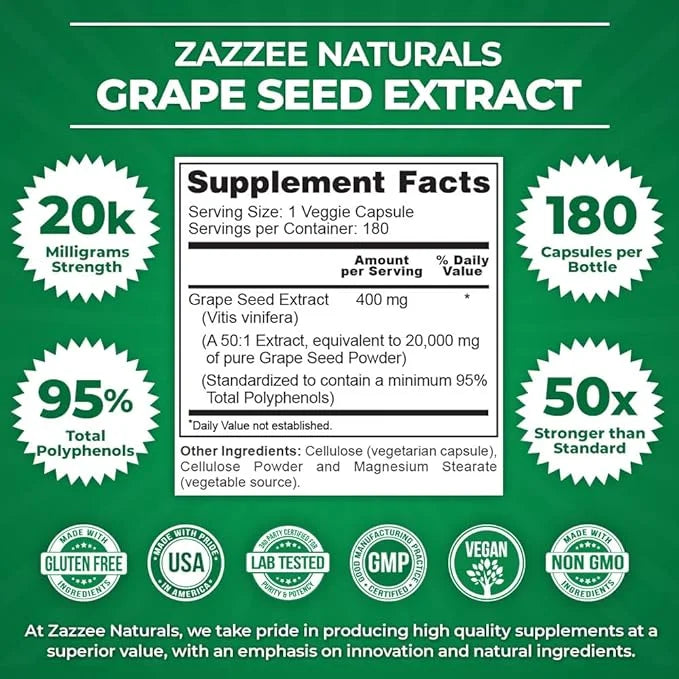 Zazzee High Strength Grape Seed 50:1 20,000 mg 180 Vegan 95% Polyphenols, 6 Month 50X Extract, 400 mg