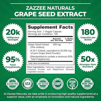 Zazzee High Strength Grape Seed 50:1 20,000 mg 180 Vegan 95% Polyphenols, 6 Month 50X Extract, 400 mg
