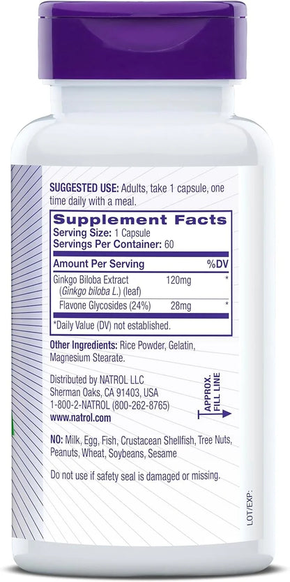 Natrol Brain Health Ginkgo Biloba 120mg, 60 Capsules, 60 Day