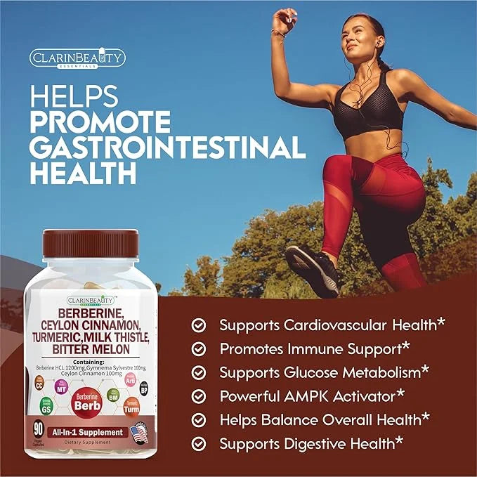 ClarinBeauty Premium Berberine 1200mg Ceylon Cinnamon 100mg Tumeric 50mg Milk 50mg Bitter 50mg Artichoke 50mg with 90 Caps...