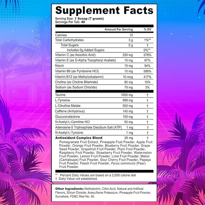 G Fuel Miami Nights Energy Drink Powder, Pre Workout Caffeine Mix for Gaming, Sugar Free Focus Amino, Vitamin + Antioxidan...