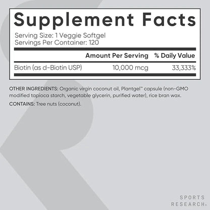 Sports Research Vegan Biotin 10,000mcg B7 for 120 Softgels (4 Month