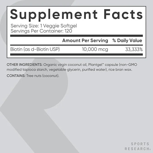 Sports Research Vegan Biotin 10,000mcg B7 for 120 Softgels (4 Month
