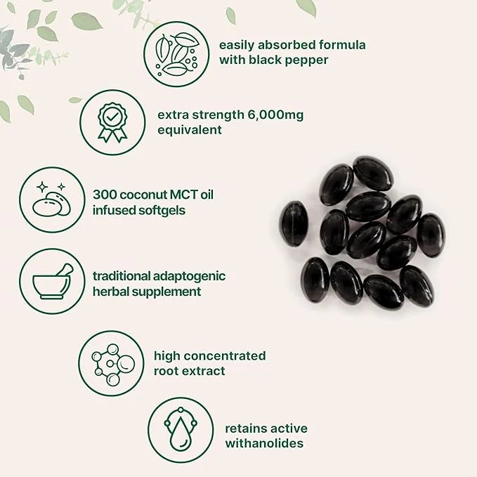 Ashwagandha Supplements 6,000mg Per Serving | 300 Coconut MCT Oil Softgels with Black Pepper for Better Absorption | Poten...