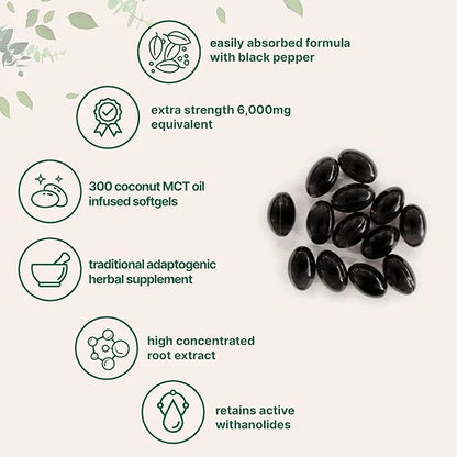 Ashwagandha Supplements 6,000mg Per Serving | 300 Coconut MCT Oil Softgels with Black Pepper for Better Absorption | Poten...