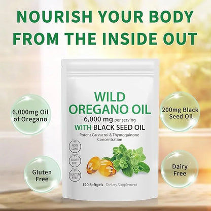 Oil of Oregano Softgels,Wild Oregano Oil 6,000mg with 200mg Capsules, 120 Count,