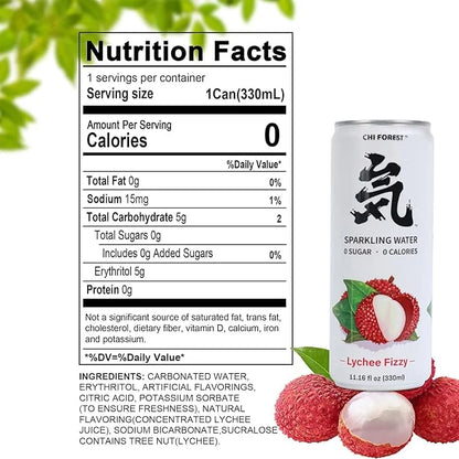 Chi Forest Sparkling Water,Caffeine free,Gluten free,Vegan,0 sugar,0 calories,Lychee Fizzy Flavor,11.16 Fl oz,24 Cans - Pr...