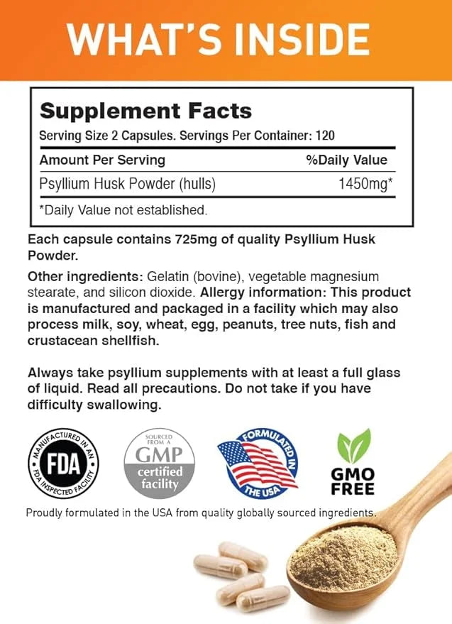 BodyLive Psyllium Husk Fiber Capsule Non-GMO 725mg, 240 240 Capsules (1450mg/serving, 120 120 Servings)
