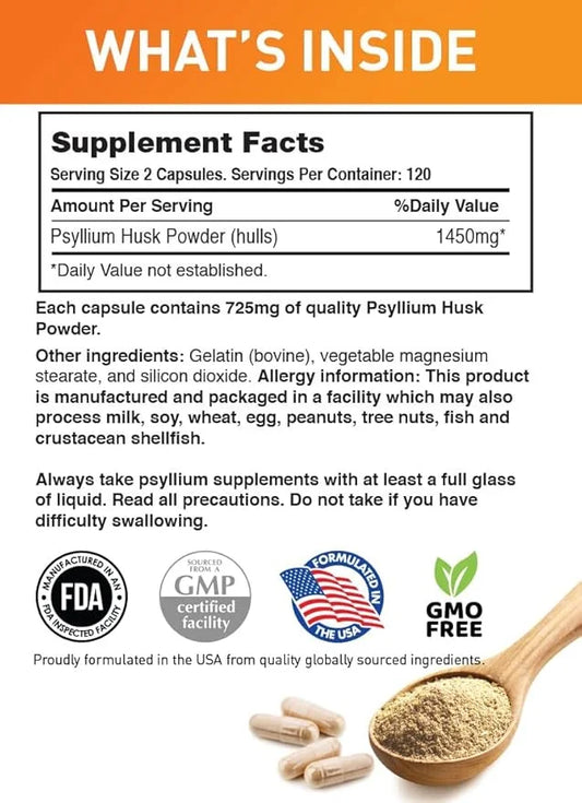 BodyLive Psyllium Husk Fiber Capsule Non-GMO 725mg, 240 240 Capsules (1450mg/serving, 120 120 Servings)