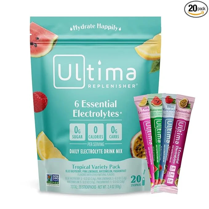 Ultima Replenisher Daily Electrolyte Powder Drink Mix – Tropical Variety, 20 Stickpacks – Hydration Packets with 6 Electro...