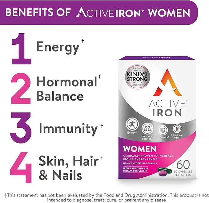 Active Iron for Women, Non-Constipating, 30 Active Iron High Potency Capsules with 30 Multivitamin Tablets, Helps Strength...