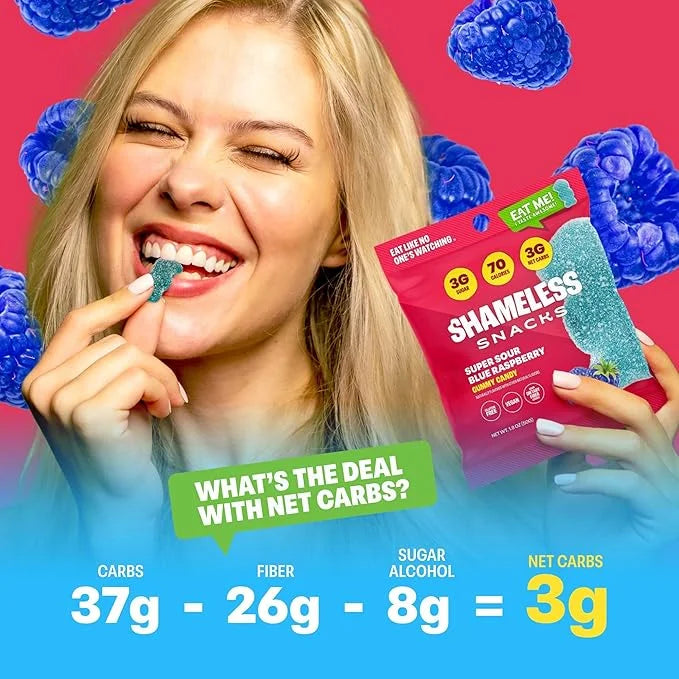 Shameless Snacks - Healthy Low Calorie Snacks, Low Carb Keto Gummies (Gluten Free Candy) - 6 Pack Sour Blue Raspberry - Pr...