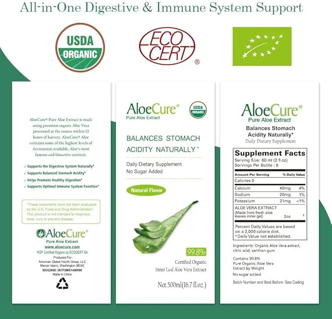 AloeCure USDA Organic Aloe Vera Juice Made Within 12 Hrs of Harvest - Pure Aloe Juice Natural Digestive Supplement to Supp...