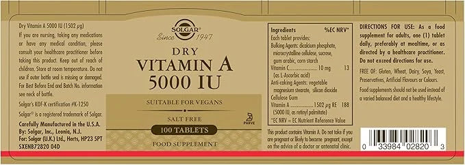 SOLGAR Dry Vitamin A 1500 mcg (5000 IU), 100 Tablets 100 Servings 2)
