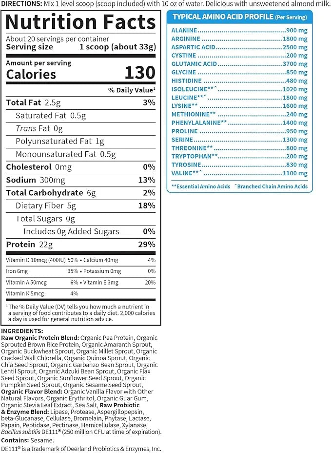 Organic Vegan Vanilla Protein Powder 22g Complete 1.5 LB