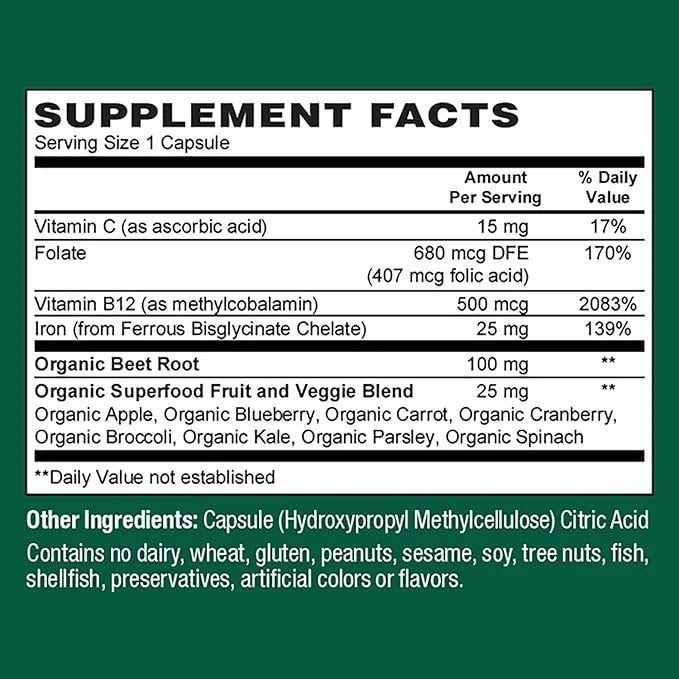 PlantFusion Vegan Iron Supplement for Women B12, Folate 60 Capsules